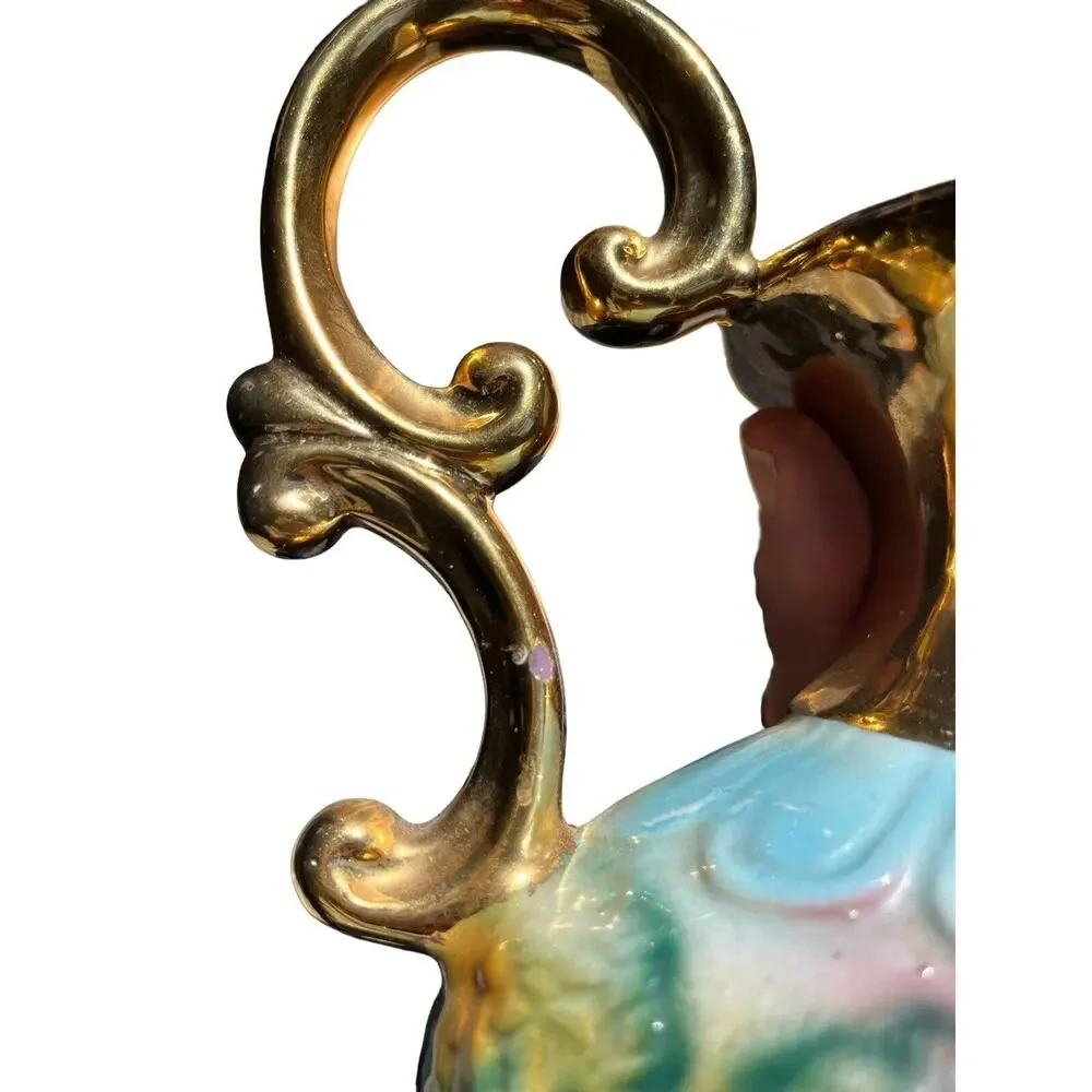 Vintage Vase Made in Italy Cherub 3d Gold Handles Hand Decorated White Elegant
